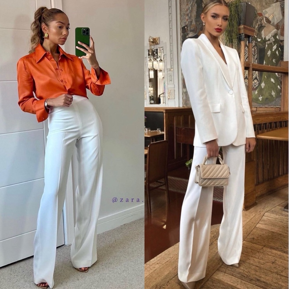 Zara Flowy High-Waisted Straight Leg Trousers Pants White Size S NEW